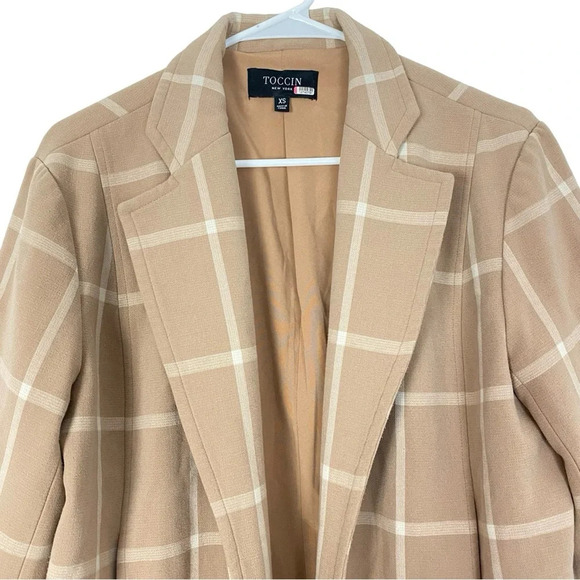Toccin Nude Plaid Jacket Women XS Midi Length 3/4 Long Sleeves Tan Ivory Pockets - Picture 3 of 14